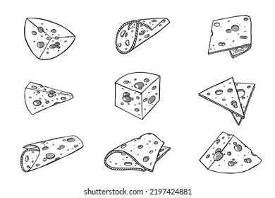 Hand Drawn Set Of Cheese Parts And Slices. Cheese Icon. Vector Cheese Clipart