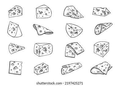 Hand Drawn Set Of Cheese Parts And Slices. Cheese Icon. Vector Cheese Clipart