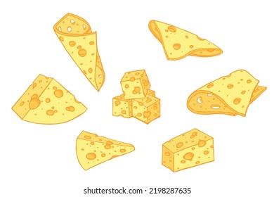 Hand Drawn Set Of Cheese Parts And Slices. Cheese Icon. Vector Cheese Clipart