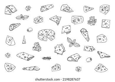 Hand Drawn Set Of Cheese Parts And Slices. Cheese Icon. Vector Cheese Clipart