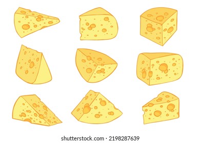 Hand Drawn Set Of Cheese Parts And Slices. Cheese Icon. Vector Cheese Clipart