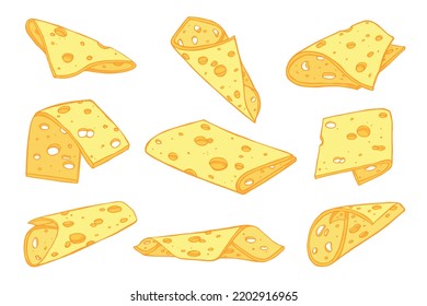 Hand Drawn Set Of Cheese Parts And Slices. Cheese Icon. Vector Cheese Clipart