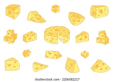 Hand drawn set of cheese parts and slices. Cheese icon. Vector cheese clipart