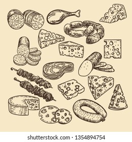 Hand drawn set of cheeses and meat products.