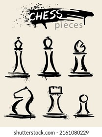 Hand drawn set of Chess pieces on a beige background. Chess. Check mate. King, Queen, Bishop, Knight, Rook, Pawn. Grunge dirty style.