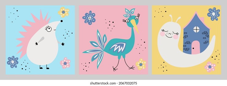 Hand drawn set of childrens creative illustrations in minimal flat style with snail, hedgehog and fantastic bird. Wall art drawing with cute animals. For postcards, posters, children's room decoration