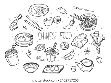 Hand drawn set of Chinese food doodles in vector