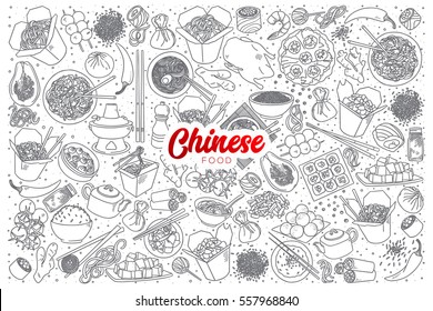 Hand drawn set of chinese food doodles with red lettering in vector