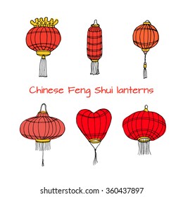 Hand drawn set of Chinese paper sky lantern. Traditional lamps for Chinese New Year decoration and home decor. Vector illustration. Feng Shui symbol and decor element. Red doodle sketch.