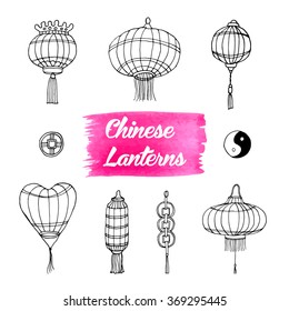 Hand drawn set of Chinese paper sky lantern and coins. Traditional lamps for Chinese New Year decoration and home decor. Vector illustration. Feng Shui symbol and decor element. Blue doodle sketch.