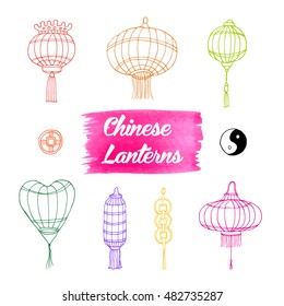 Hand drawn set of Chinese paper sky lantern. Traditional lamps for Chinese New Year decoration and home decor. Vector illustration. Feng Shui symbol and decor element. Colored doodle sketch.