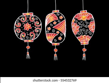 Hand drawn set of Chinese paper sky lantern. Traditional lamps for Chinese New Year.