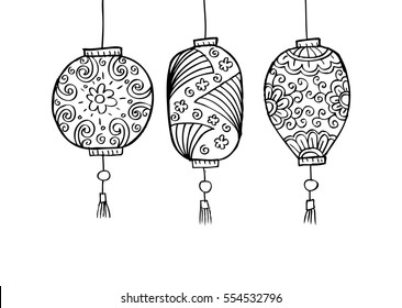 Hand drawn set of Chinese paper sky lantern. Traditional lamps for Chinese New Year.