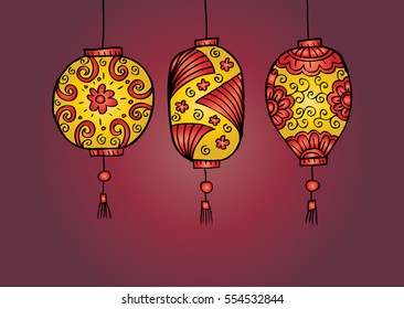 Hand drawn set of Chinese paper sky lantern. Traditional lamps for Chinese New Year.