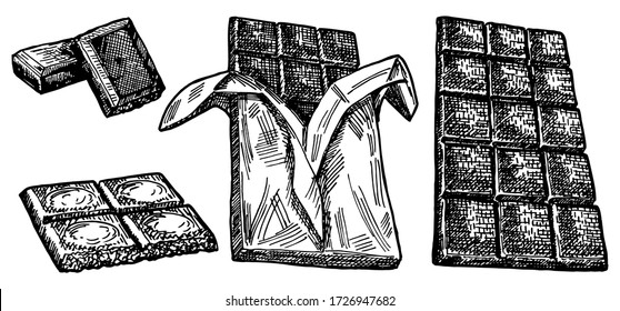 Hand drawn set of chocolate. Hand drawn chocolate bar broken into pieces, appetizing realistic drawing. Chocolate in a wrapper and without. Illustration of choco bar on white background.