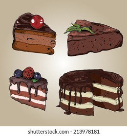 Hand drawn Set of chocolate cakes. Vector illustration.