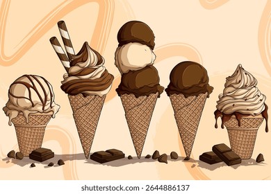 Hand Drawn Set of Chocolate Ice Cream Cones with Waffle Cups and Toppings
