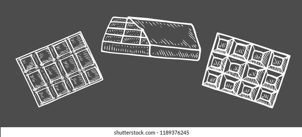 Hand Drawn Set Of Chocolate.Hand Drawn Chocolate Bar Broken Into Pieces, Appetizing Realistic Drawing. Illustration Of Choco Bar On Black Background.