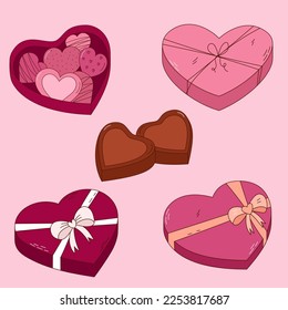 Hand drawn set of chocolates in a box for Valentine day. Design elements for posters, greeting cards, banners and invitations.