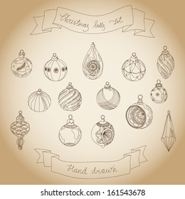 Hand drawn set of Christmas balls. Vintage vector illustration.