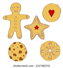 Hand drawn set of christmas cookies. Hand drawn cookies collection. Vector illustration.