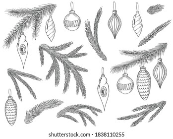 Hand drawn set of Christmas decorations. Template for greeting cards, invitations, posters, flyers.