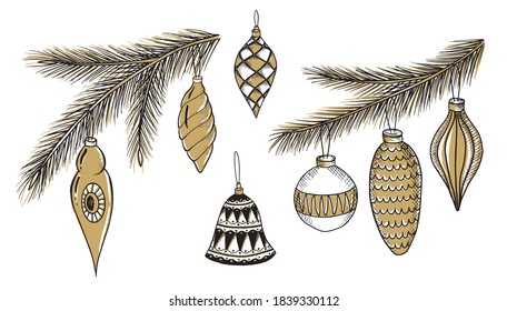 Hand drawn set of Christmas decorations. Template for greeting cards, invitations, posters, flyers.