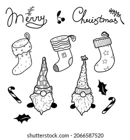 Hand drawn set of christmas decorations. Socks, gnomes, merry Christmas text. New Year. Vector illustration.