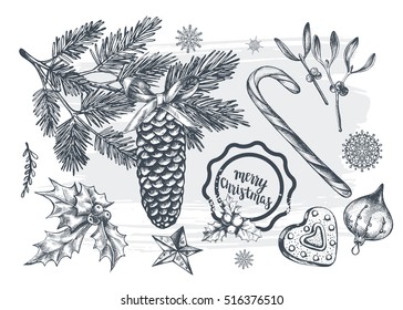 Hand drawn set of Christmas decorations. Template for greeting cards, invitations, posters, flyers. Vector isolated elements collection for your design.