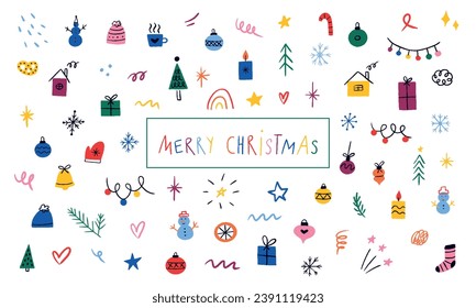 Hand drawn set Christmas decorative elements. New year doodles for banners, greeting cards, wrapping paper, invitations