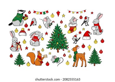 Hand drawn set of Christmas design elements and animals. Vector illustration. Year of the rabbit