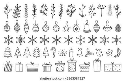 Conjunto dibujado a mano de elementos de doodle de diseño navideño. Copos de nieve, bolas de Navidad, árboles de Navidad, caja de regalo, ramas de invierno con estilo de sketch. Ilustración del vector aislada en fondo blanco