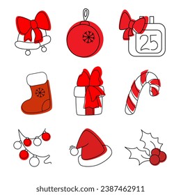 Hand drawn set of Christmas design elements. Bells, Christmas balls, advent calendar, New Year's stocking, gift box, candy cane and more in sketch style. Vector illustration on white background