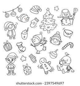 conjunto de elementos de diseño de Navidad dibujado a mano en estilo doodle. Elementos de invierno, santa claus, regalo, elfo, muñeco de nieve. Ilustración del vector