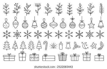 Hand drawn set of Christmas design doodle elements. Snowflakes, Christmas balls, Christmas trees, gift box, winter branches in sketch style. Vector illustration isolated on white background