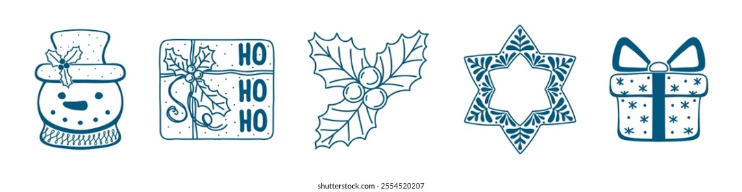 Hand drawn set of Christmas design doodle elements. Snowman,holly, present, star in sketch style. Outline vector