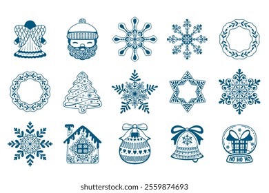 Hand drawn set of Christmas design doodle elements. Snowflake, angel, snowglobe, house in sketch style. Outline vector illustration