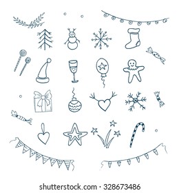 Hand drawn set of Christmas design elements. Ribbon banner.