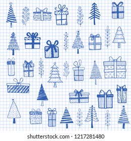 Hand drawn set of Christmas different elements: gift boxes, leaf, Christmas tree. Doodle sketch style design for your cards, stickers, icon. Vector illustration drawn by ink brush-pen.