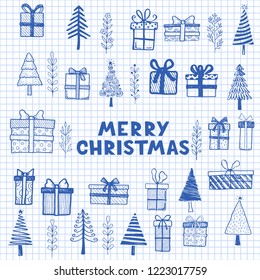 Hand drawn set of Christmas different elements: gift boxes, leaf, Christmas tree and text. Doodle sketch style design for your cards, stickers, icon. Vector illustration drawn by ink brush-pen.