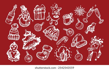 Conjunto dibujado a mano de Navidades doodle iconos sobre fondo rojo. Árbol de Navidad, sombrero de Santa, muñeco de nieve, regalo, estrella, suéter en estilo de boceto. Ilustración vectorial aislada sobre fondo blanco. Postal de invierno.