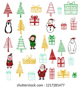 Hand drawn set of Christmas elements: gift boxes, bear, snowman, Santa, Christmas tree. Doodle sketch style design for your cards, stickers, label, icon. Vector illustration drawn by ink brush-pen.