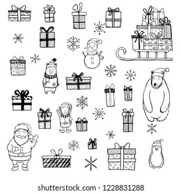 Hand drawn set of Christmas elements: gift boxes, bear, snowman, Santa, Christmas tree. Doodle sketch style design for your cards, stickers, label, icon. Vector illustration drawn by ink brush-pen.