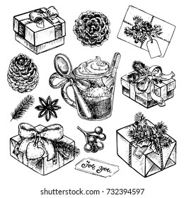 hand drawn set christmas elements and present on a white background