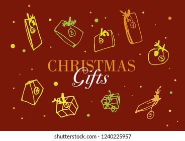 Hand drawn set of Christmas gift boxes and text. Doodle sketch style design for your cards, stickers, icon. Vector illustration drawn by ink brush-pen.