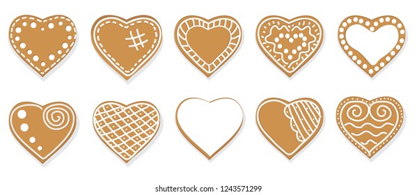Hand drawn set of christmas gingerbread hearts. Use different ornaments for decorations. Vector iluustration.