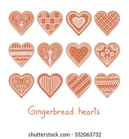 Hand drawn set of christmas gingerbread hearts. Cookie with doodle ornament. Vector.