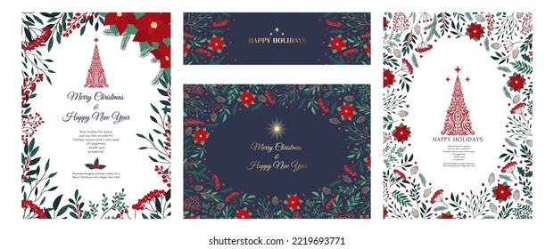 Hand drawn set of Christmas invitation cards with poinsettia, leaves, branches, berries, holly, stars and Christmas tree. Winter floral cozy collection. Holiday vector illustration with copy space