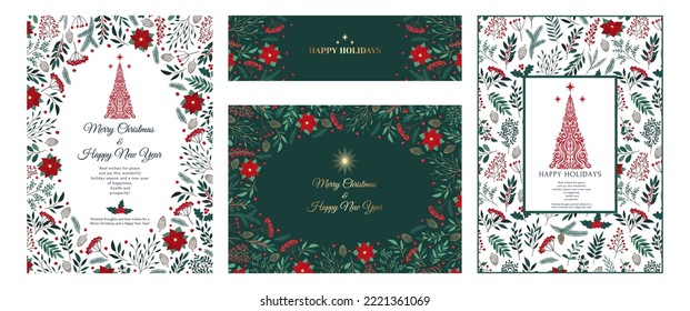 Hand drawn set of Christmas invitation cards with poinsettia, leaves, branches, berries, holly, stars and Christmas tree. Winter floral cozy collection. Holiday vector illustration with copy space