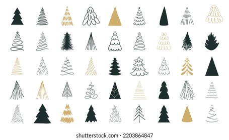 Conjunto de árboles de la línea navideña dibujado a mano. Ilustración de Año Nuevo. Dibujo de garabatos abstractos en los bosques. Vector navideño